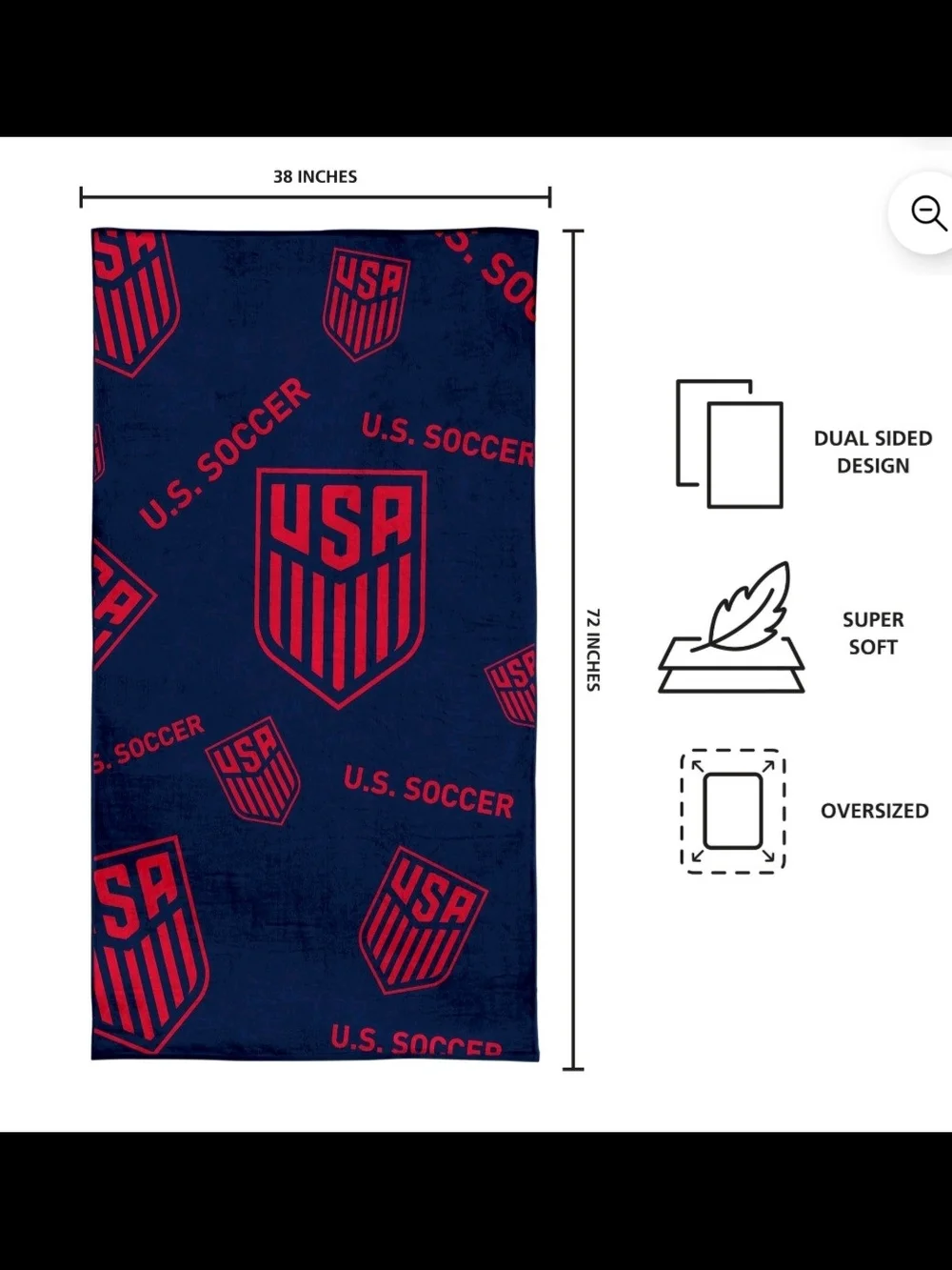 Oversized Super Soft U.S. Soccer Navy & Red Logo Beach Towel 38 X 72